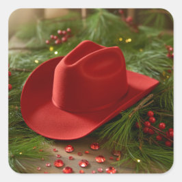 Red Christmas Cowboy Hat Quadratischer Aufkleber