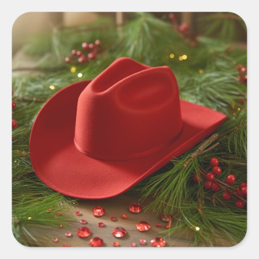 Red Christmas Cowboy Hat Quadratischer Aufkleber (Vorderseite)
