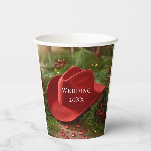Red Christmas Cowboy Hat Wedding Pappbecher (Rückseite)
