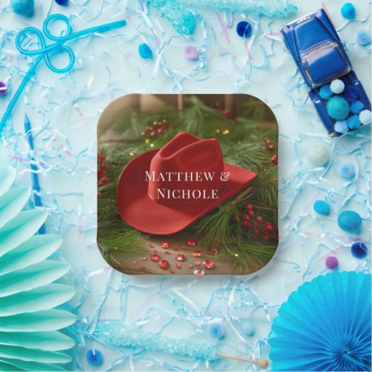 Red Christmas Cowboy Hat Wedding Pappteller (Party)