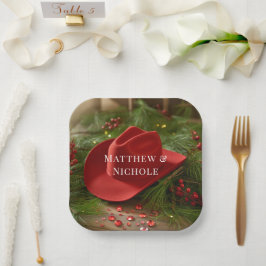 Red Christmas Cowboy Hat Wedding Pappteller