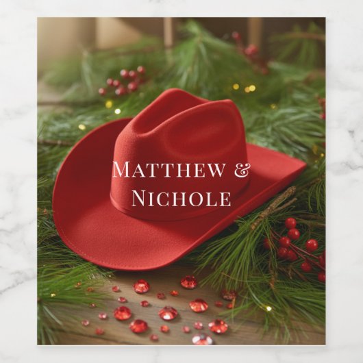 Red Christmas Cowboy Hat Wedding Weinetikett (Einzelnes Label)