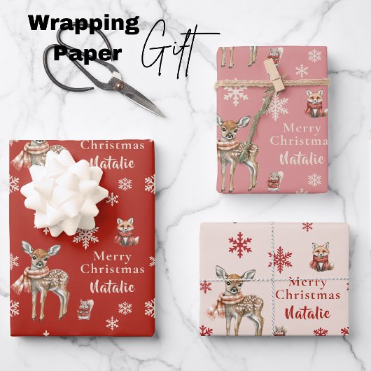Red Christmas Deer & Fox Personalisiert Geschenkpapier Set