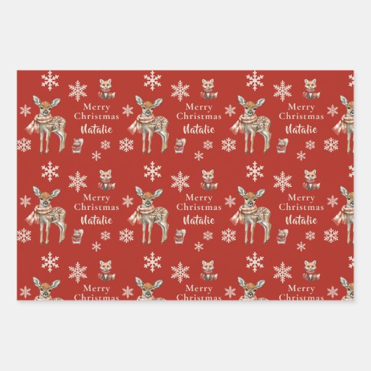 Red Christmas Deer & Fox Personalisiert Geschenkpapier Set (Vorderseite)