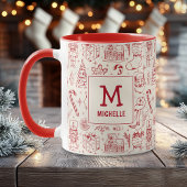 Red Christmas Doodle Monogramm und Name Tasse