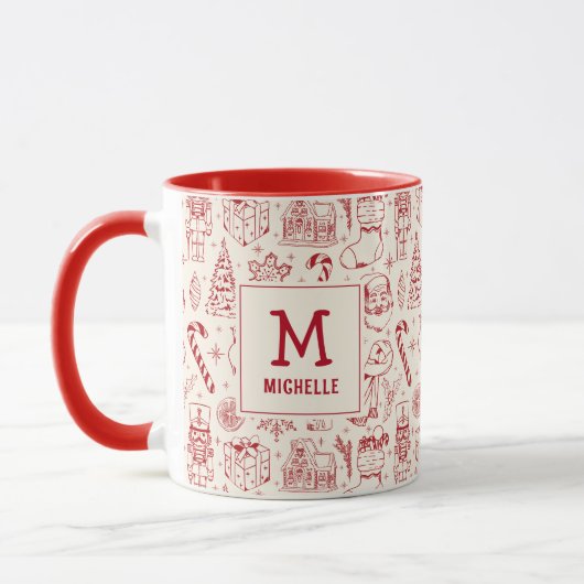 Red Christmas Doodle Monogramm und Name Tasse (Links)
