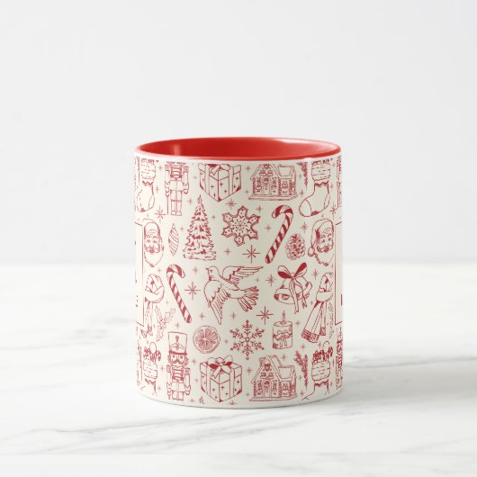 Red Christmas Doodle Monogramm und Name Tasse (Zentrum)