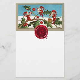 RED CHRISTMAS ELVES,HOLLYBERRIES Wax Siegel Monogr Briefpapier