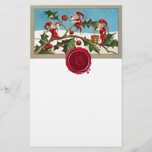 RED CHRISTMAS ELVES,HOLLYBERRIES Wax Siegel Monogr Briefpapier (Vorderseite)