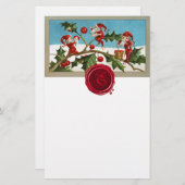 RED CHRISTMAS ELVES,HOLLYBERRIES Wax Siegel Monogr Briefpapier (Vorne/Hinten)