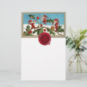 RED CHRISTMAS ELVES,HOLLYBERRIES Wax Siegel Monogr Briefpapier (Stehend Vorderseite)