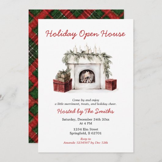 Red Christmas Fireplace Holiday Open House Party Einladung (Vorne/Hinten)