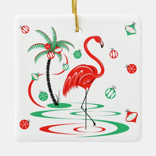 Red Christmas Flamingo Baubles Platz Keramikornament (Vorderseite)