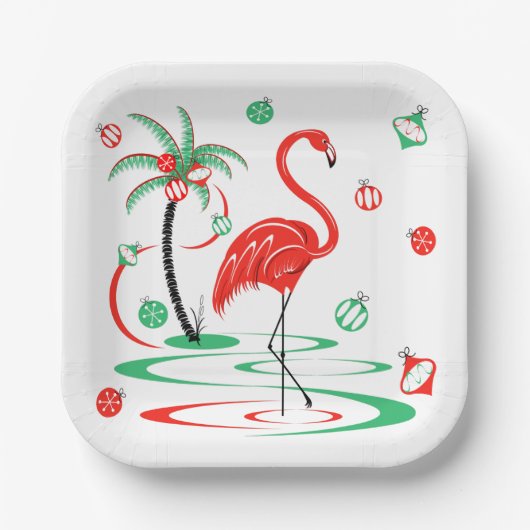 Red Christmas Flamingo Baubles Platz Pappteller (Vorderseite)