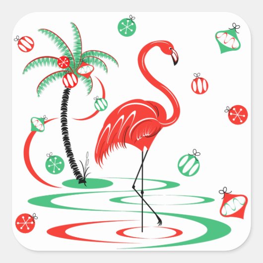 Red Christmas Flamingo Baubles Platz Quadratischer Aufkleber (Vorderseite)