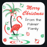 Red Christmas Flamingo Frohe Weihnachts Text Platz Quadratischer Aufkleber<br><div class="desc">Ein lustiges, festliches, flamingo-Design mit einer Retro-Touch in Rot und Grün. Rote Flamingos schwammen im Wasser neben Palmen, die mit Weihnachtsbaumchen und Band geschmückt sind. Ein individuell anpassbares Design für Sie, um mit Ihrem eigenen Text, Bildern und Ideen zu personalisieren. Ein originelles digitales Kunstbild, das von Jess Perry erstellt wurde....</div>
