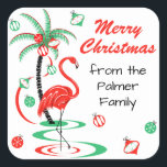 Red Christmas Flamingo Frohe Weihnachts Text Platz Quadratischer Aufkleber<br><div class="desc">Ein lustiges, festliches, flamingo-Design mit einer Retro-Touch in Rot und Grün. Rote Flamingos schwammen im Wasser neben Palmen, die mit Weihnachtsbaumchen und Band geschmückt sind. Ein individuell anpassbares Design für Sie, um mit Ihrem eigenen Text, Bildern und Ideen zu personalisieren. Ein originelles digitales Kunstbild, das von Jess Perry erstellt wurde....</div>