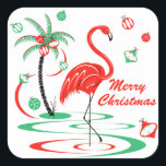 Red Christmas Flamingo Frohe Weihnachtsstadt Quadratischer Aufkleber<br><div class="desc">Ein lustiges, festliches, flamingo-Design mit einer Retro-Touch in Rot und Grün. Rote Flamingos schwammen im Wasser neben Palmen, die mit Weihnachtsbaumchen und Band geschmückt sind. Ein individuell anpassbares Design für Sie, um mit Ihrem eigenen Text, Bildern und Ideen zu personalisieren. Ein originelles digitales Kunstbild, das von Jess Perry erstellt wurde....</div>