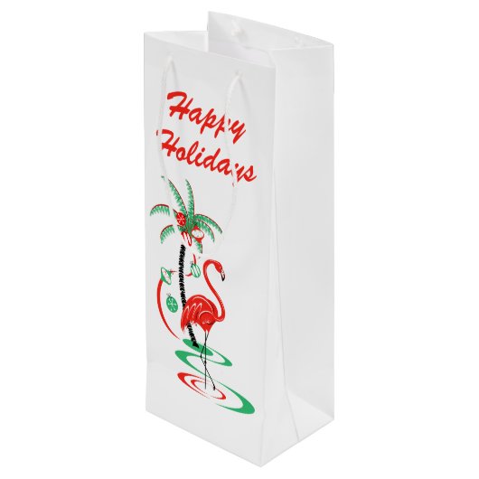 Red Christmas Flamingo Frohe Weihnachtswein Geschenktüte Für Weinflaschen (Rückseite Schrägansicht)