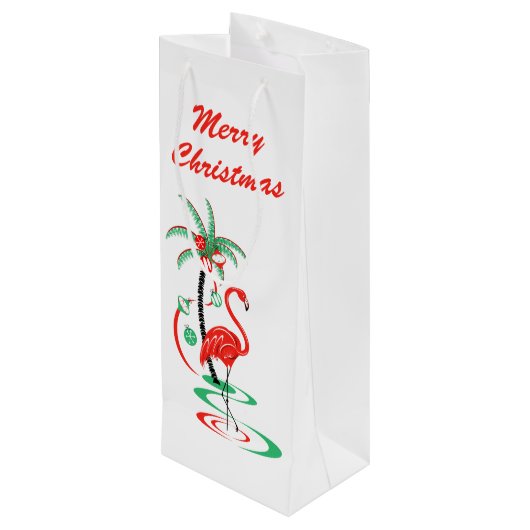 Red Christmas Flamingo Frohe Weihnachtswein Geschenktüte Für Weinflaschen (Rückseite Schrägansicht)