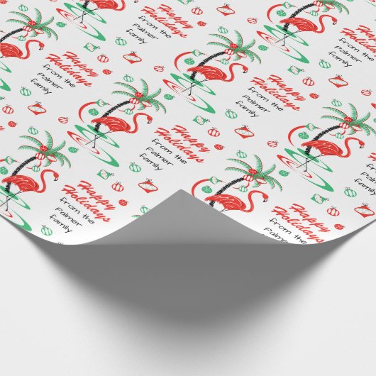 Red Christmas Flamingo Happy Holidays Text Geschenkpapier (Ecke)