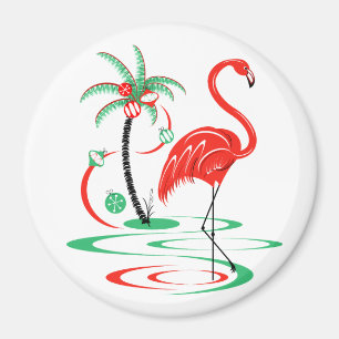 Red Christmas Flamingo Magnet rund