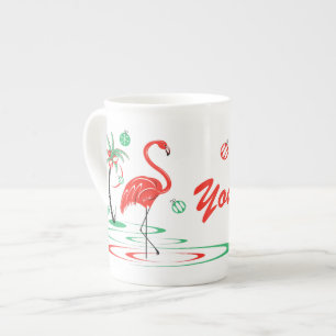 Red Christmas Flamingo Name Knochen China Porzellantasse