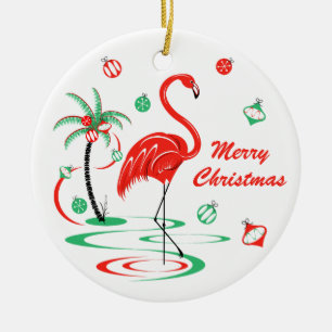 Red Christmas Flamingo Weihnachtstext rund Keramik Ornament