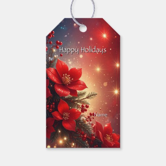 Red Christmas Floral Gift Tag Geschenkanhänger (Vorderseite)