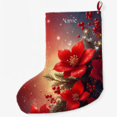 Red Christmas Floral Holiday Stocking Großer Weihnachtsstrumpf (Rückseite)