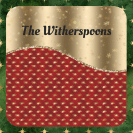 Red Christmas Floral mit Gold Ribbon und Name Quadratischer Aufkleber