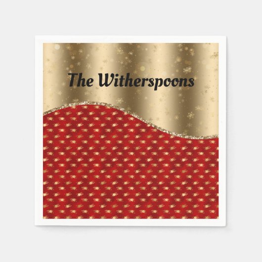 Red Christmas Floral mit Gold Ribbon und Name Serviette (Vorderseite)