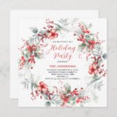 Red Christmas Floral Wreath Party Einladung (Vorne/Hinten)