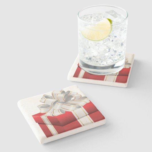 Red Christmas Geschenk White Ribbon Steinuntersetzer (Seitenansicht)