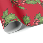 Red Christmas Green Mistletoe Pattern Geschenkpapier (Rolleneckpunkt)