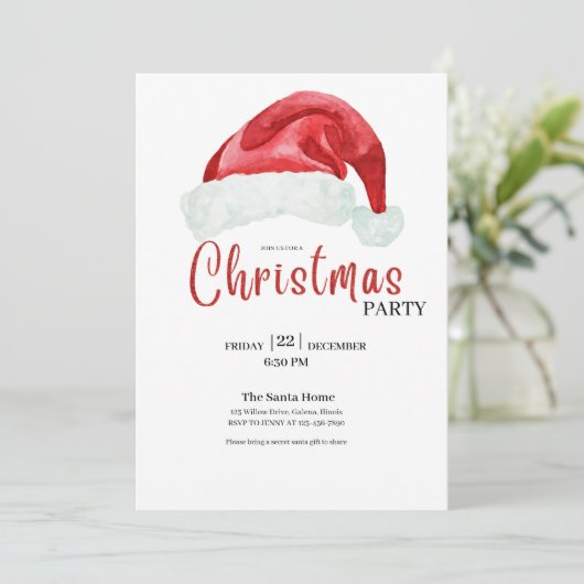 Red Christmas Hat Elegant Christmas Party Einladung (Stehend Vorderseite)