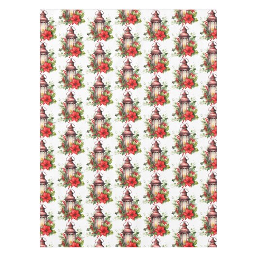 Red Christmas Lantern Poinsettia und Button Patter Tischdecke (Vorderseite)