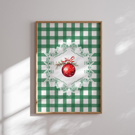 Red Christmas Ornament Green Gingham Holiday Poster