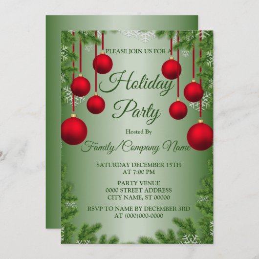 Red Christmas Ornaments Green Holidays Party Einladung (Vorne/Hinten)