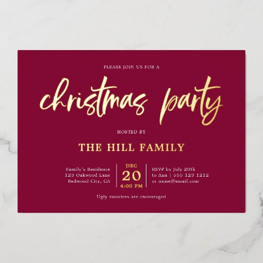 Red Christmas Party Calligraphy Elegant Folieneinladung (Vorderseite)