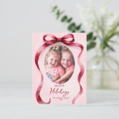 Red Christmas Photo Bow Ribbon  Feiertagspostkarte (Stehend Vorderseite)