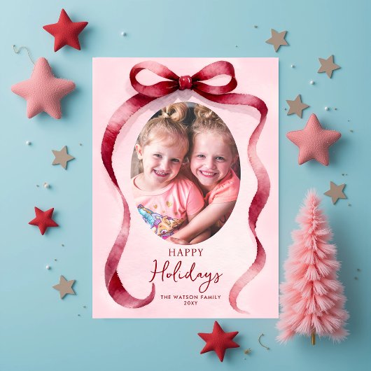 Red Christmas Photo Bow Ribbon  Feiertagspostkarte