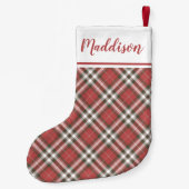 Red Christmas plaid pattern personalized name  Kleiner Weihnachtsstrumpf (Rückseite)