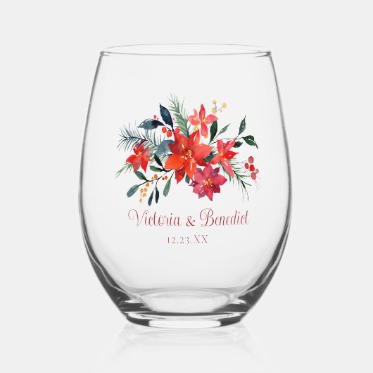 Red Christmas Poinsetta Floral Custom Wedding Weinglas Ohne Stiel (Vorderseite)
