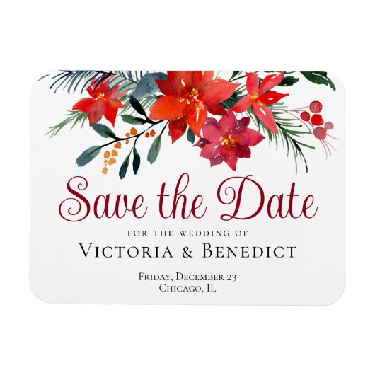 Red Christmas Poinsettia Holiday Save the Date Magnet (Horizontal)