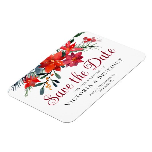 Red Christmas Poinsettia Holiday Save the Date Magnet (Linke Seite)