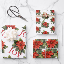 RED CHRISTMAS POINSETTIA PATTERNS KOORDINIERT GESCHENKPAPIER SET