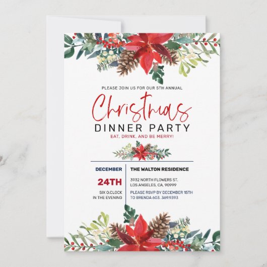 Red Christmas Poinsettia und Wnter Foliage Einladung (Vorderseite)