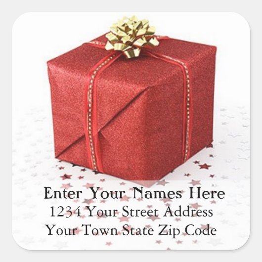 Red Christmas präsent mit Stars Address Label Quadratischer Aufkleber (Vorderseite)