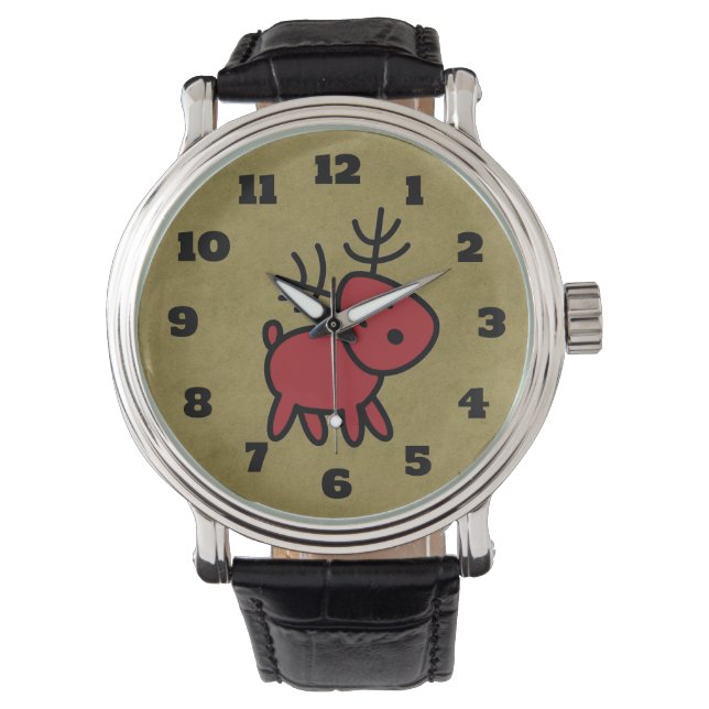 Red Christmas Reindeer Illustration Armbanduhr (Vorderseite)